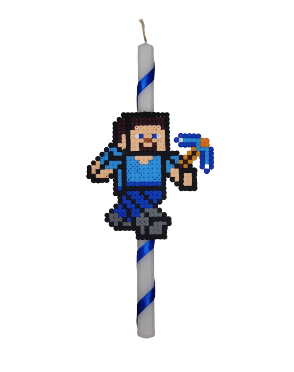Λαμπάδα με ρίγα - φιγούρα του Steve από το Minecraft χειροποίητη pixel art